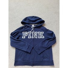 Victoria's Secret PINK Navy Blue Full Zip Hoodie Sweatshirt Logo Large L