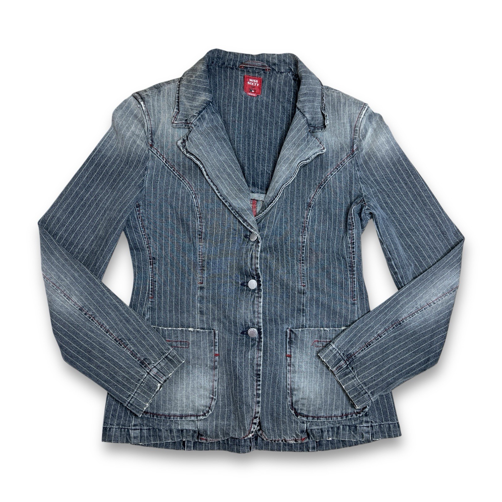 MISS SIXTY Vintage Italy Blue Denim Pinstriped Blazer Jacket Size M Y2K