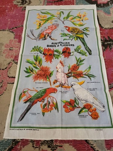 VTG Australian Birds & Flowers souvenir travel tea towel Australia vguc chic