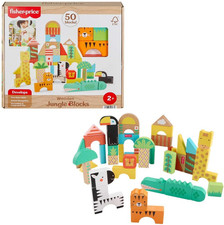 Wood Toddler Toy Jungle Blocks, 50-Piece Wooden Animal Building Set for Preschoo
