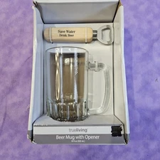 True Living 18 fl oz Clear Glass Beer Mug w/Opener Gift Set, New Never Been Used