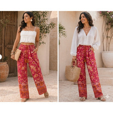 Anthropologie Wide-Leg Pants Pink Orange Boho Floral cruise resort Size L
