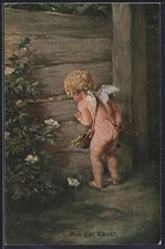 Amor schaut durch einen Schlitz im Zaun, Auf der Lauer, Ansichtskarte