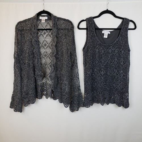 Crochet Top Set Metallic Silver Gray Mod Sz S/M Open Knit Cardi Lined Tank Boho