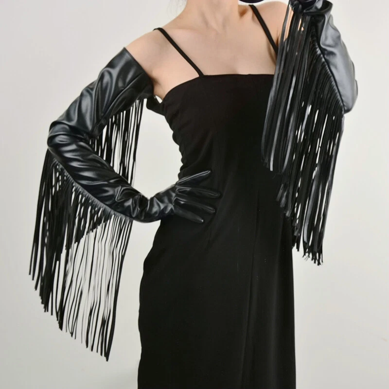 Damas Guantes de Cuero Sintético Borla Muñeca Larga Noche Fiesta Club Punk Negro Retro Foto 4 de 4