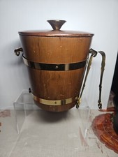 Vtg MCM Barware Wooden Walnut? Brass Ice Bucket Plastic Interior Brass Tongs