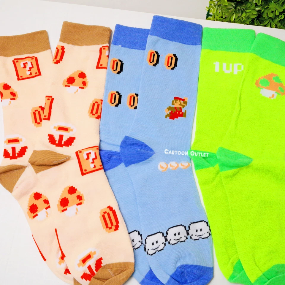 Super Mario Socks  3 Pair Crew Socks Mens 6-10 3 Sock Pairs Trending - Image 2 of 4