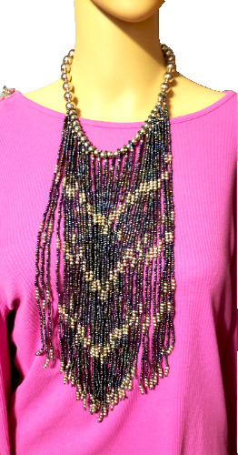 Dramatic Statement Necklace Black Silver Beaded B… - image 1