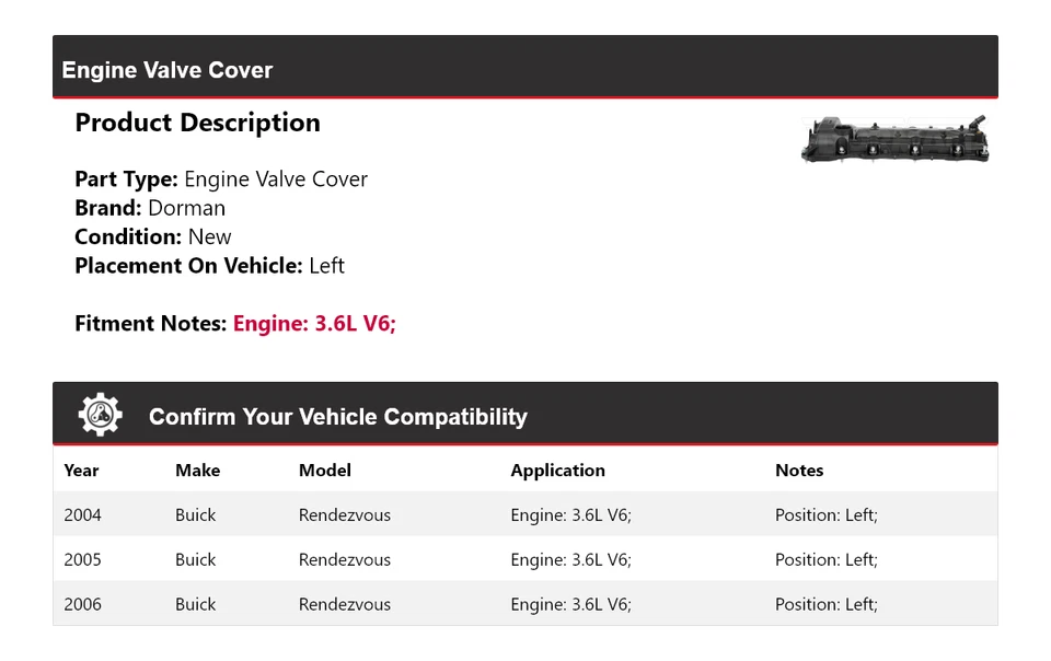Cubierta de válvula de motor Dorman V6 3,6 L Buick Rendezvous 2004-2006 izquierda 2005 Foto 2 de 4