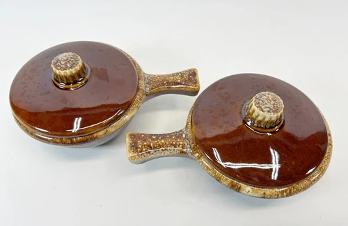 Hull Oven Proof Covered Soup Bowls w/Handle Lid Brown Drip Glaze Pottery 2 Sets