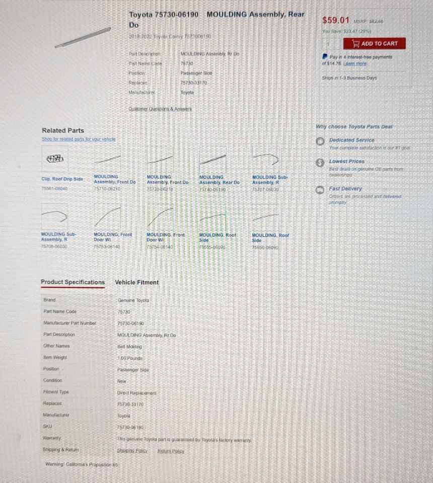 TOYOTA CAMRY 2018-2022 RH RIGHT REAR DOOR BELT MOLDING NEW OEM  75730-06190 - Image 2 of 4