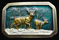 Buck Doe Deer Wildlife Scene Great American Buckle Vintage Belt Buckle