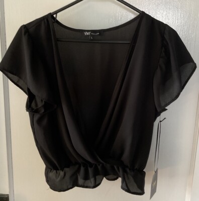 YMI COLLECTIONS, Jr. Size Large, Black Sheer Blouse, w/Wrap Front to Waist.  NWT