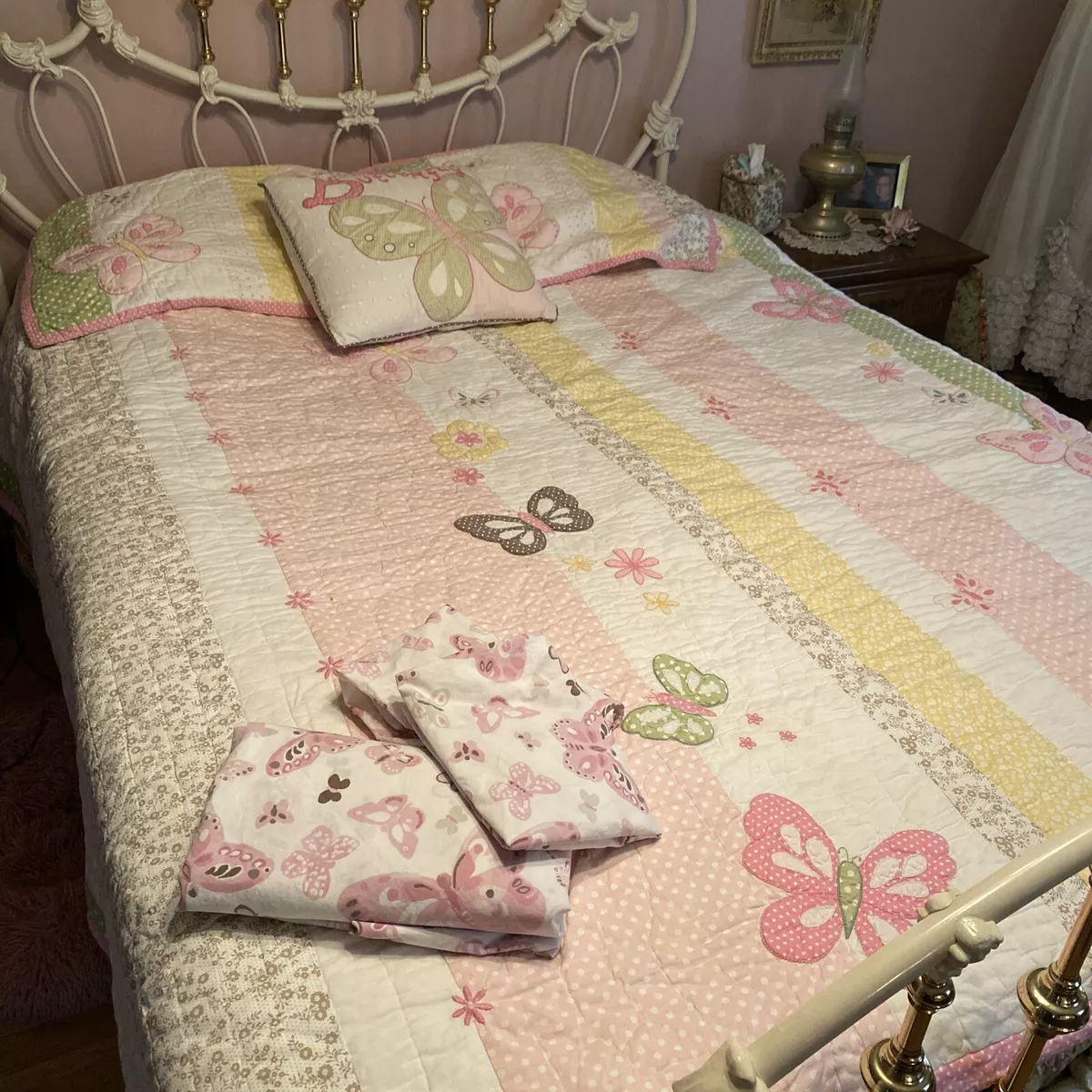 Pottery Barn Kids Butterfly Cotton Full Quilt, Throw Pillow 2 Shams Sheet  Set