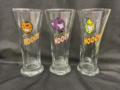 3 Vintage Hoopers Hooch Gläser Orange, Zitrone & Schwarze Johannisbeere Retro 1990er CHARITY
