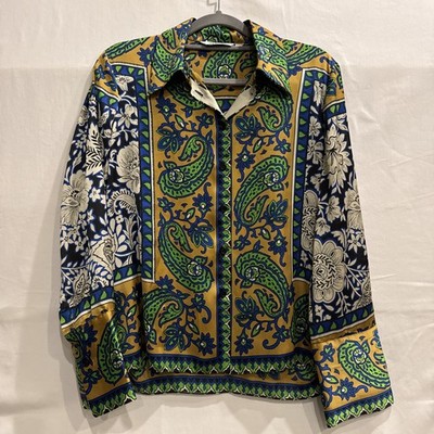 Zara Women's Classic Print Blouse Long Sleeve, Button Down, Gold/Green/Black, M