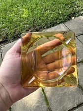 1960s Mid Century Modern Cigarette Ashtray Coffee Table Bar Glass Amber Vtg 4.5”