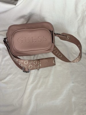 GUESS Pink Logo Zip Crossbody Bag Adjustable Strap Silver Hardware Women