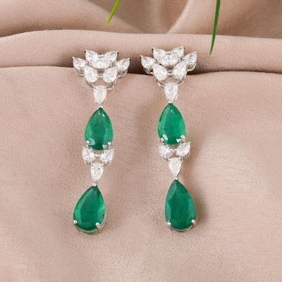3 Ct Pear Cut Simulated Green Emerald Drop/Dangle Earrings 14k White Gold Plated
