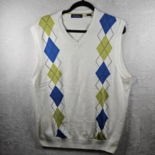 Alan Flusser Argyle V-Neck Sweater Vest White Blue Green Men's Size Large