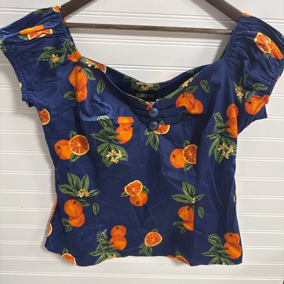 NWT Collectif Womens Rockabilly Pin-Up Dolores Oranges Top In Navy Size XXXL NWT - Image 3 of 4