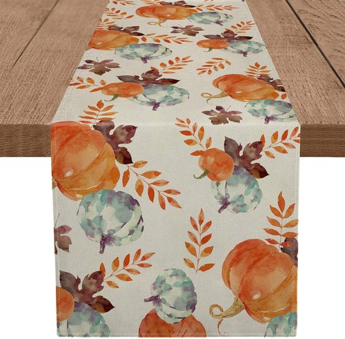 13x120 Inch Fall Watercolor Pumpkin Autumn Harvest Thanksgiving Table Runner - Picture 1 of 5