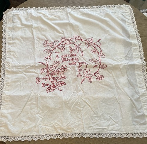 Vtg red work embroidery 2 large  Matching Panels Bed Pillow Size Mottos Flowers