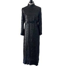 Vintage Dress Womens Size Small Maxi Black Sequin Slit Mock Neck Long Sleeve
