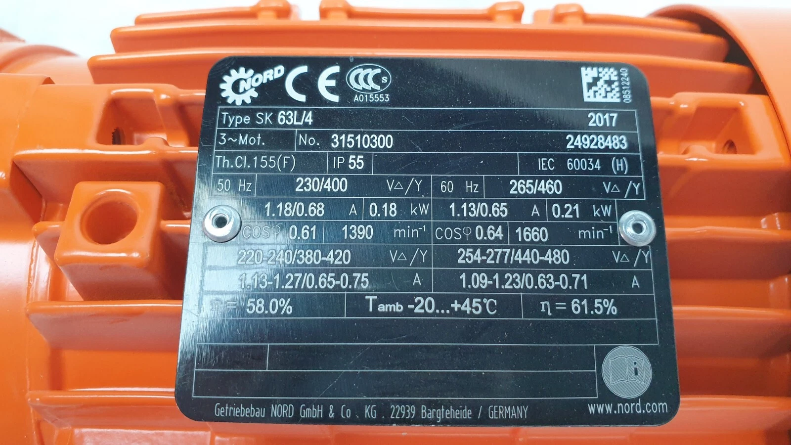 NORD SK 63L/4 motor plate: 0.18 kW 50 Hz, 0.21 kW 60 Hz, IP55, 2017