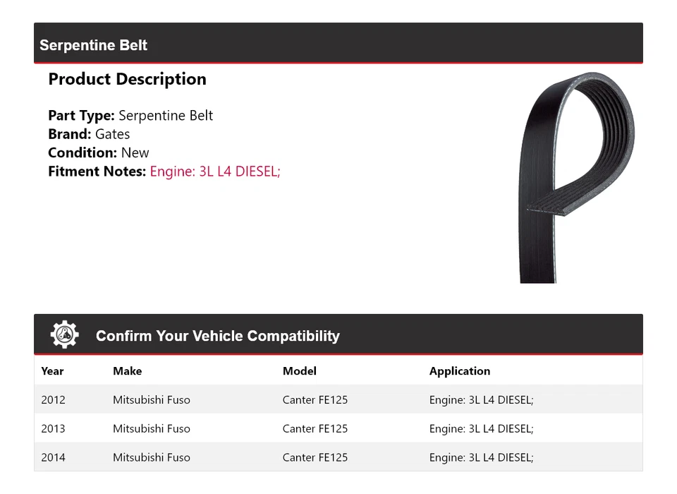 For 2012-2014 Mitsubishi Fuso Canter FE125 3L L4 DIESEL Serpentine Belt Gates - Image 2 of 4