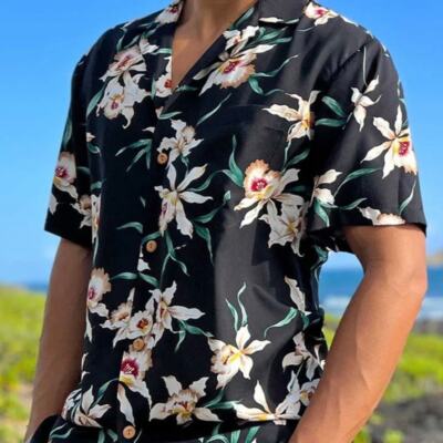 Paradise Found Magnum PI Star Orchid Hawaiian Shirt XXL Black Selleck Hernandez