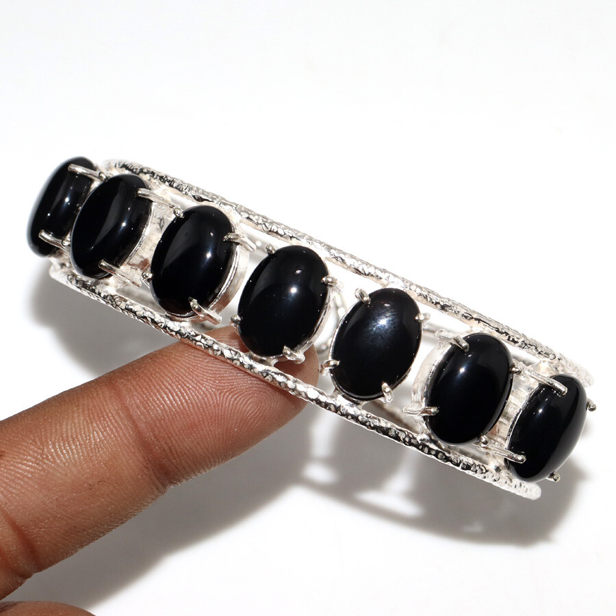 Top Edition Black Onyx 925 Silver Plated Cuff Gemstone Bangle FreeSize JW