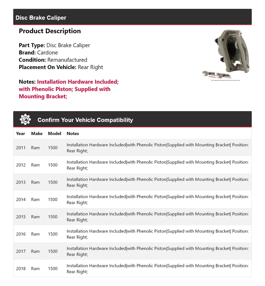 For 2011-2018 Ram 1500 Disc Brake Caliper Rear Right Cardone 2012 2013 2014 2015 - Image 2 of 4