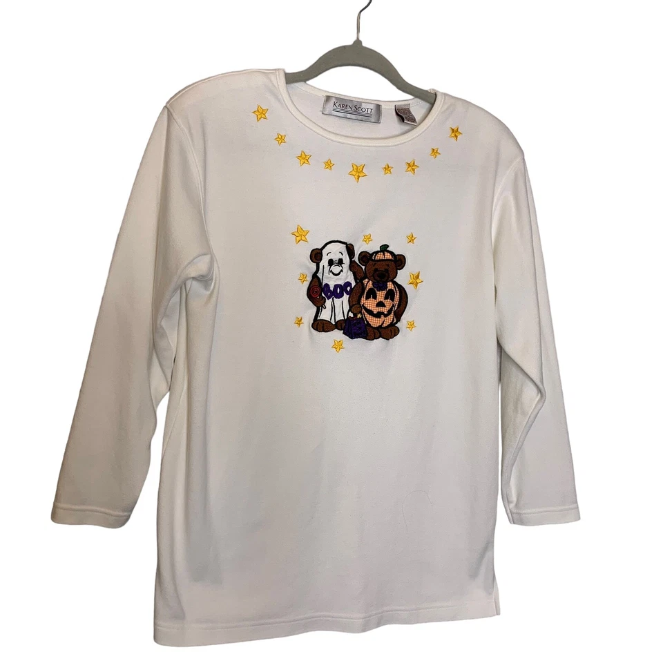 Camiseta Karen Scott para mujer talla mediana Halloween Ghost Pumpkin Stars Foto 2 de 4