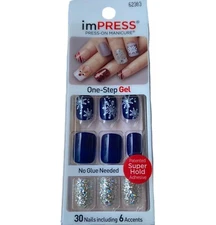 NEW Kiss Nails Impress Press On Manicure Short Gel Dark Blue Snowflake Christmas