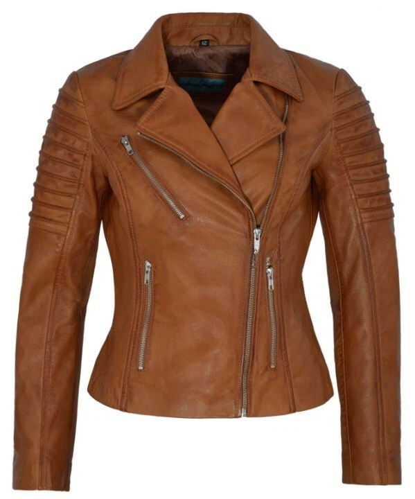 NOORA Women's Lambskin Tan Leather Biker Jacket New Quilted Style Jacket