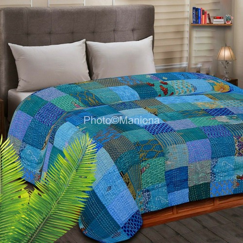 Manta Kantha Edredón Turquesa Seda Sari Patchwork Hecho a Mano India Seda