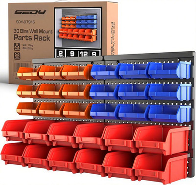 30-Bin Wall-Mounted Storage Rack System - Heavy-Duty Garage Tool Organizer for S