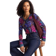 Johnny Was Janie Favorite Aphaia Long Swing Tee Floral Shirt Blue Pink Top NEW