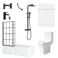 Complete Bathroom Suite L-Shape Shower Bath Black Screen Taps Vanity Toilet WC