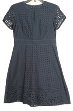 Ann Taylor Dress Women’s 4P Navy Blue A Line Short Sleeve Eyelet Lined Cotton