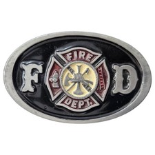 Vtg Fire Department Belt Buckle Black Red Enamel 1987 C&J Inc Made in USA