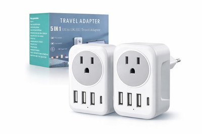 2x EU Travel Adapter USB C 5 in 1 Fast Charging 4 USB Ports US to Europe Plug