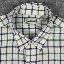 Vintage LL Bean Seersucker Shirt Mens XL White Green Blue Plaid Short Sleeve