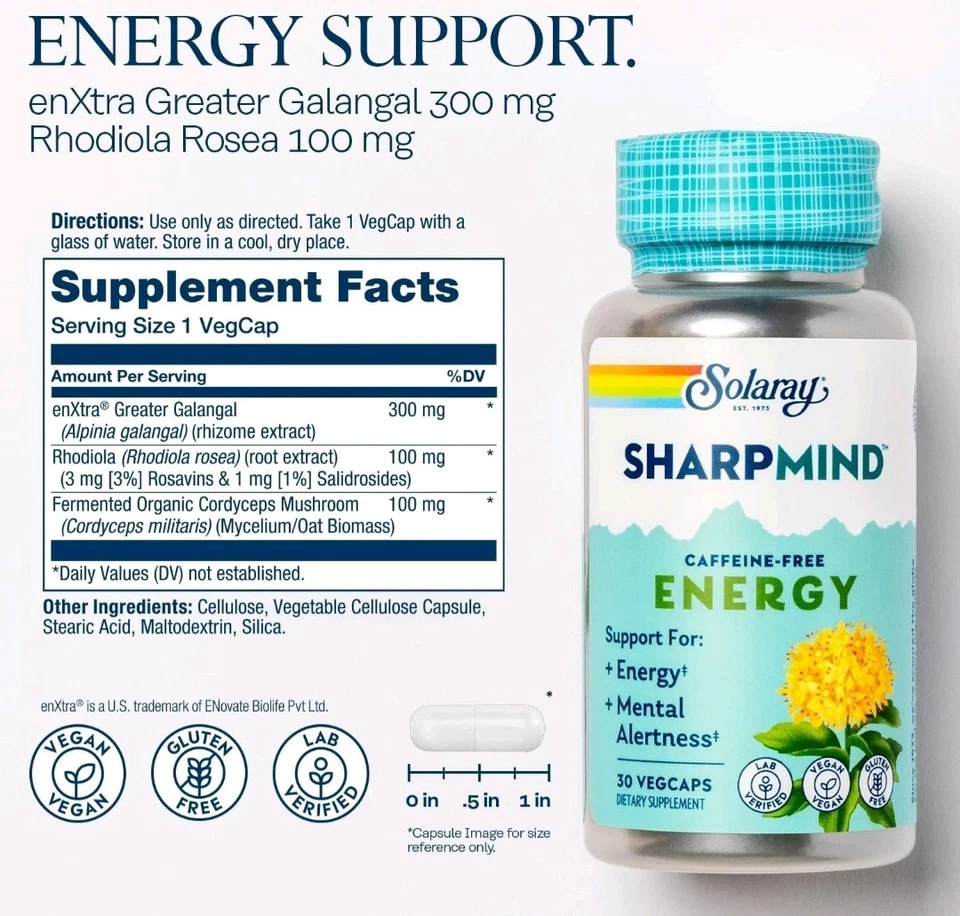 Solaray Sharp Mind энергетическая поддержка кордицепс гриб ноотропный фокус упаковка 2 шт. 30 шт. - Изображение 2 из 4