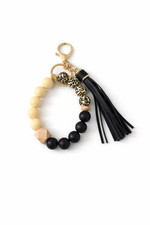 Leopard Luxe Beaded Wristlet Keychain with Black Tassel