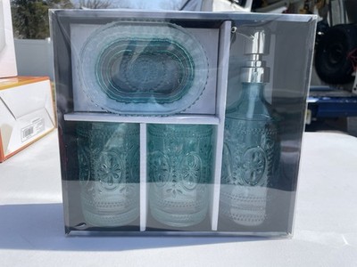 All for you Glass Bathroom Accessory Set 4 Piece Aqua Soap Dish Dispenser