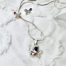 Silver Butterfly Pendant Necklace with Crystal Accents and Earrings set