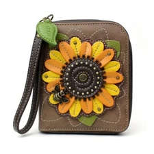 New Chala ZIP AROUND WALLET Credit Card  Vegan Leather gift SUNFLOWER Brown 