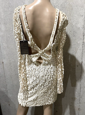 Roberto Cavalli Deep V-Neck Long-Sleeve Leather Paillette Cocktail Dress, Cream, Women's, 4